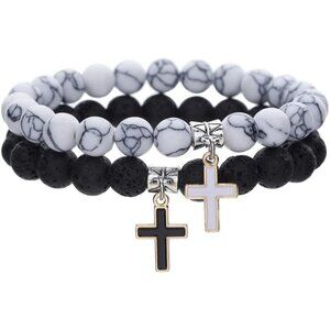 Elegant Lava Rock Beaded Couples Bracelet Set with Cross Pendant Charm - 8mm